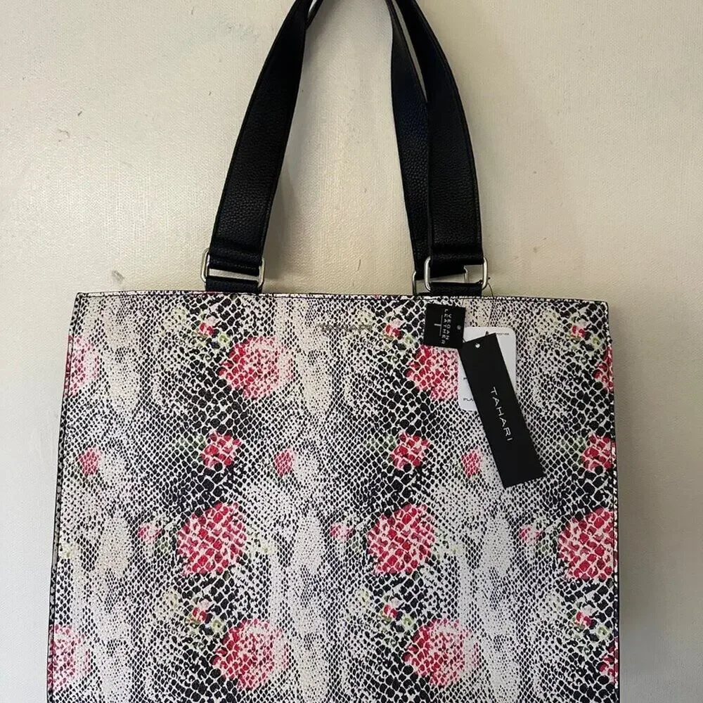 Tahari  Tote Bag Vegan Leather– Floral Snake Print Shoulder Bag – 16” – NWT